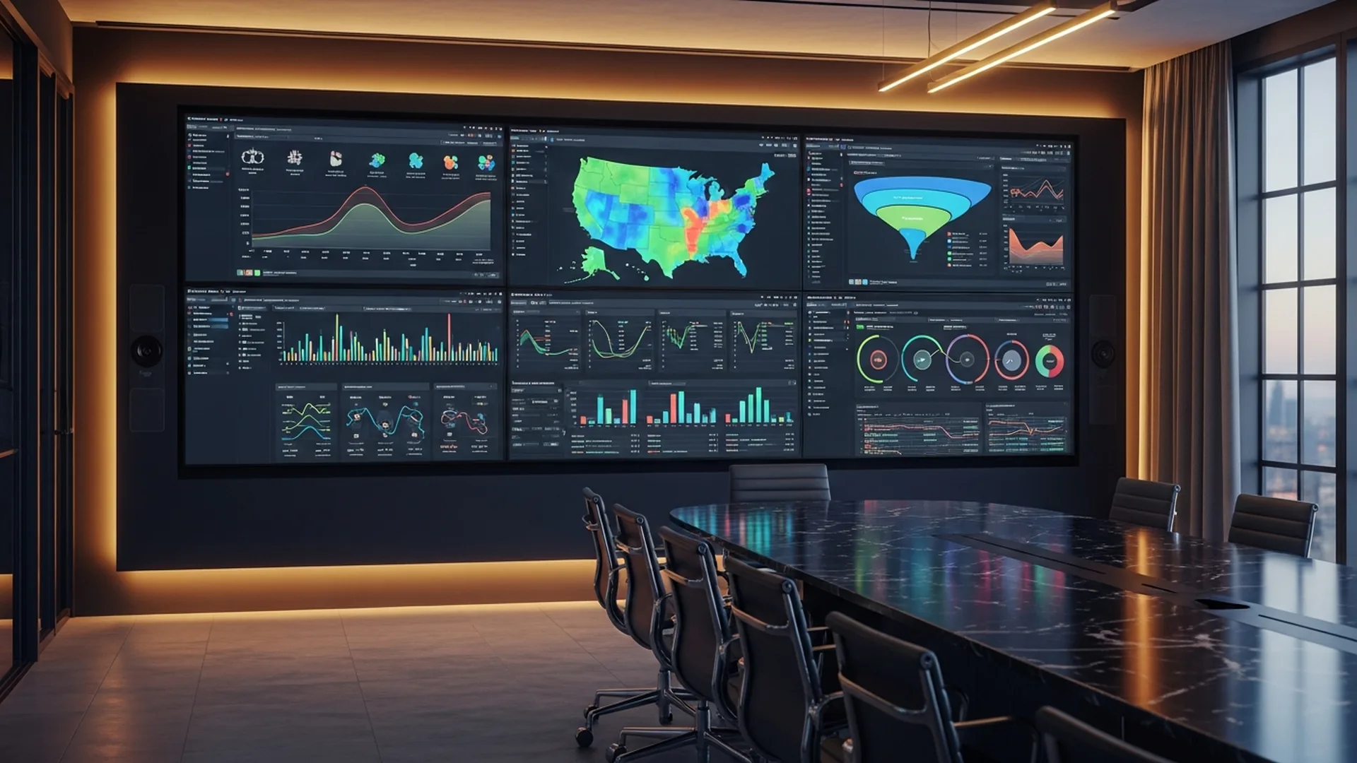 Boardroom with wall-mounted analytics dashboards showing marketing performance